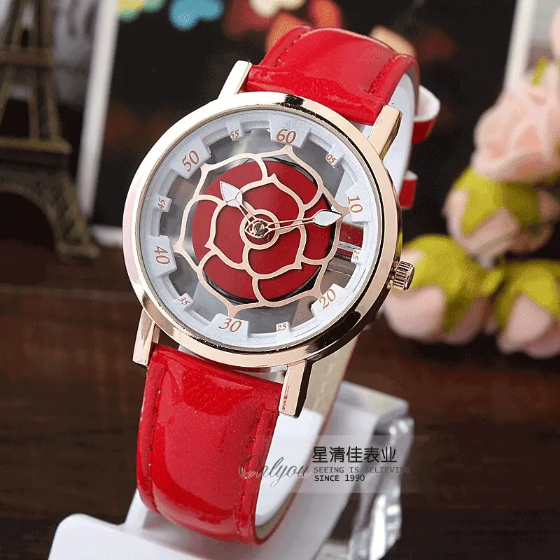 

Rose Gold Bezel Flower Hollow Red Leather Band Strap Wrist Watch Luxury Quartz Watches for Women Ladies Top Chronograph Clock