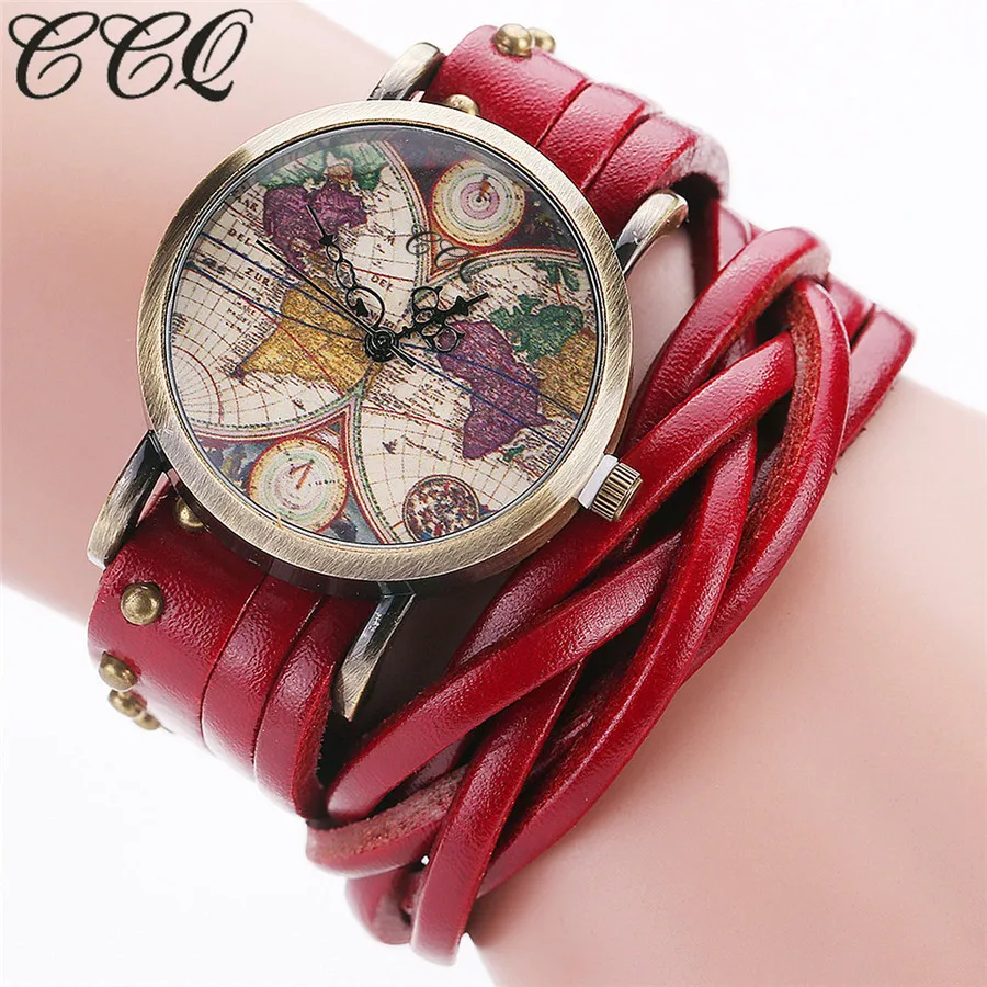 CCQ Brand Fashion Vintage Retro Rivet Braided Genuine Leather World Map Watch Casual Women Quartz Watch Relogio Feminino