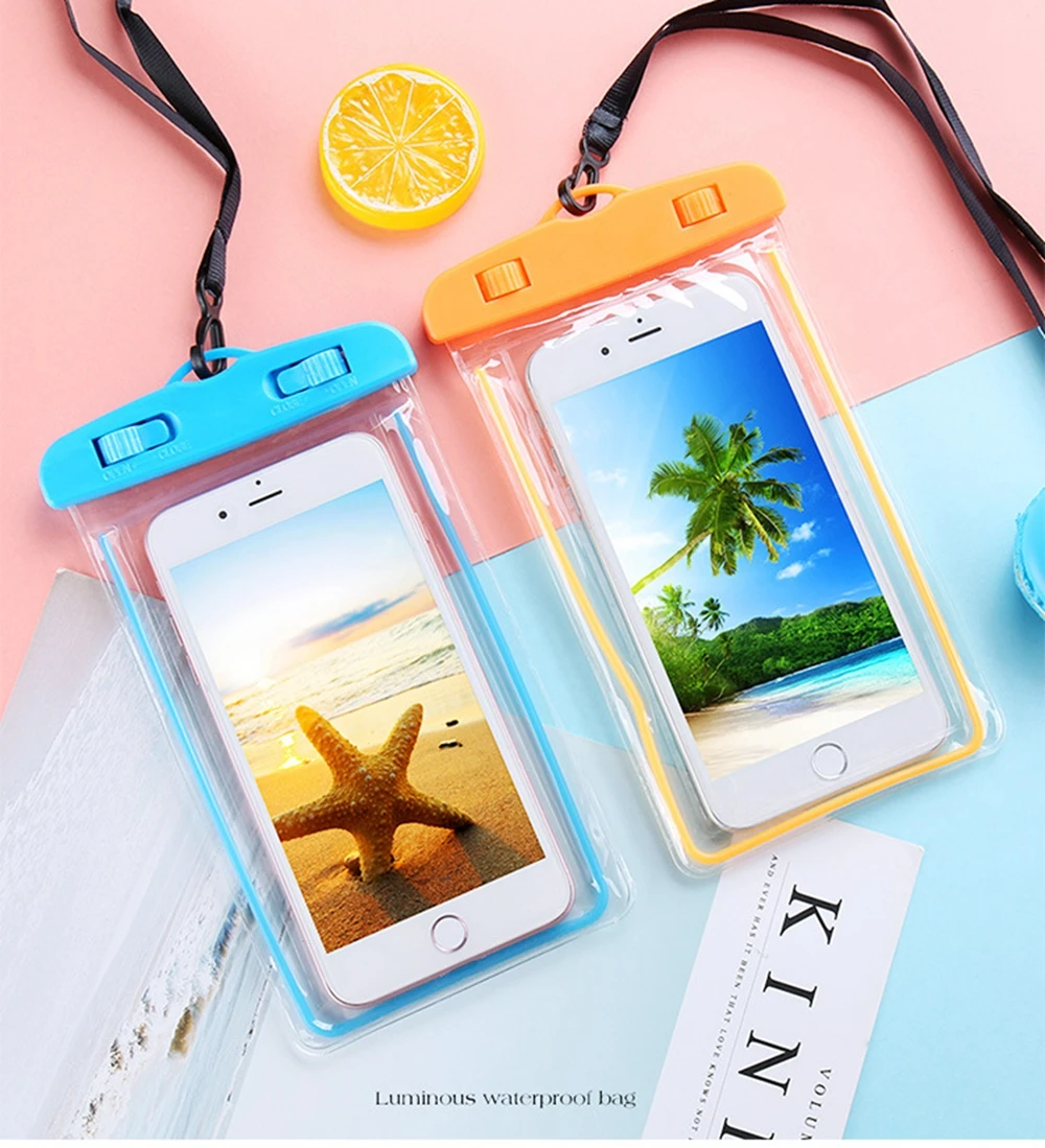 For iPhone 7 8 X Phone Bags Cases Luminous Waterproof Bag For xiaomi Mi A2 Outdoor Swimming Diving Waterproof Smartphone Case