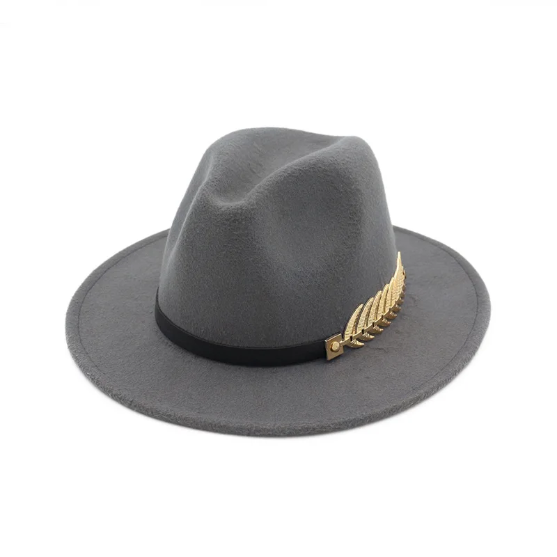 QBHAT Trend Men Women Wool Felt Panama Hat Fedora Caps with Metal Leaves Leather Band Jazz Trilby cap white green yellow hats felt fedora hat Fedoras