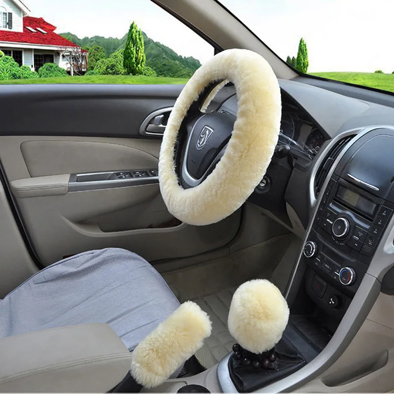 BEIGE STEERING WHEEL COVER faux wool