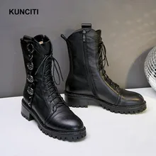Г., бренд KUNCITI, женские ботильоны из натуральной кожи, модная обувь в байкерском стиле зимние теплые ботинки с металлическим украшением, D558