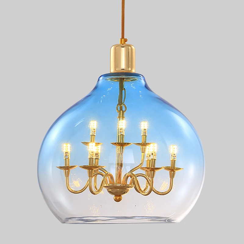Post Modern Glass Sphere Chandelier Stained Ceiling Hanging Lamp Blue Lighting for Dining Room Cafe Store | Лампы и освещение