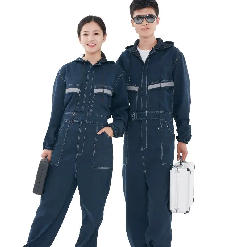 Denim Overalls Work Clothing Men Women Long Sleeved Hooded Coveralls Labor Overalls For Welding Auto Repair Painting Spraying