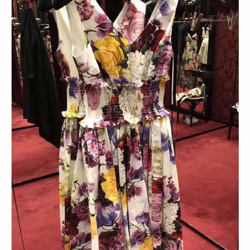 

Cosmicchic Runway Print Midi Dress Summer Sexy V-neck Lady Beach Dress Sleeveless Elastic Waist High Quality Flower Dress