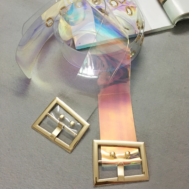 Трапециевидная металлическая пряжка с широким золотым поясом из ПВХ прозрачного цвета для женщин с поясом с пряжкой