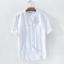 Льняная белая рубашка мужская летняя с коротким рукавом льняная повседневная мужская рубашка брендовые футболки со стоячим воротником мужские camisas para hombre