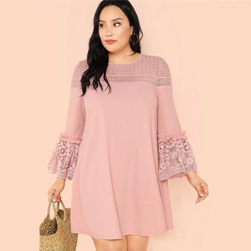 Dotfashion Plus Size Guipure Lace Insert Frill Trim Dresses Ladies Spring Fall Pink Elegant Flounce Sleeve A-Line Plain Dress