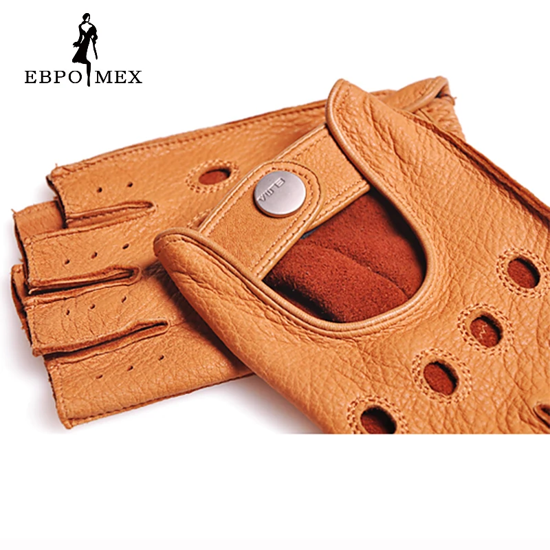 Fashion 2016 Men Deerskin Gloves Wrist Half Finger Driving Glove Solid Adult Fingerless Mittens Real Genuine