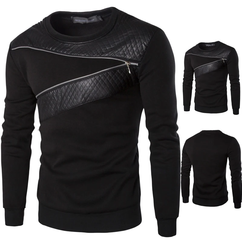 DIMUSI Leather Patchwork Hoodies Men Zipper Decoration Long Sleeve Sweatshirt Tops Men's Leisure Ho