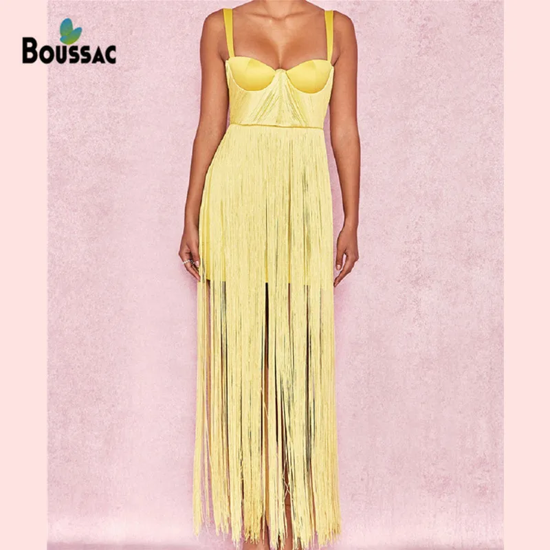 

Women Elegant Dress 2019 Summer Bodycon Yellow Black Maxi Dress with Tassels Sexy Party Club Wear