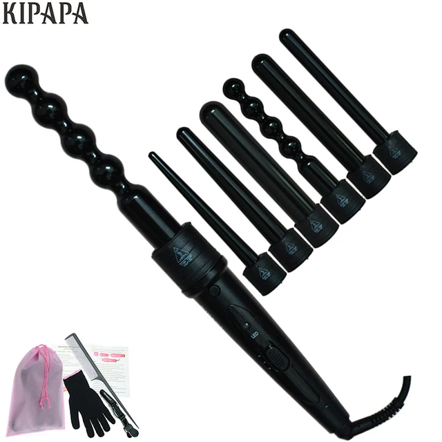 New 6 in 1 Clipless Ceramic Curling Wand Hair Curler Set Pro