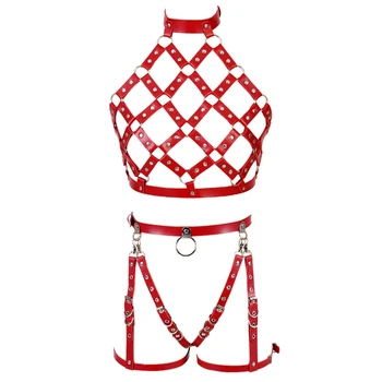 

Harness Bra Leather Set Red Body Cage Bondage Lingerie Garter Belt Women Metal Punk Goth Fashion Plus Size Dance Rave Festival