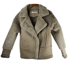 Зимняя женская шерстяная подкладка, куртки из меха овечьей шерсти, замша, короткая изящная куртка, отложной воротник, верхняя одежда на молнии, женские топы