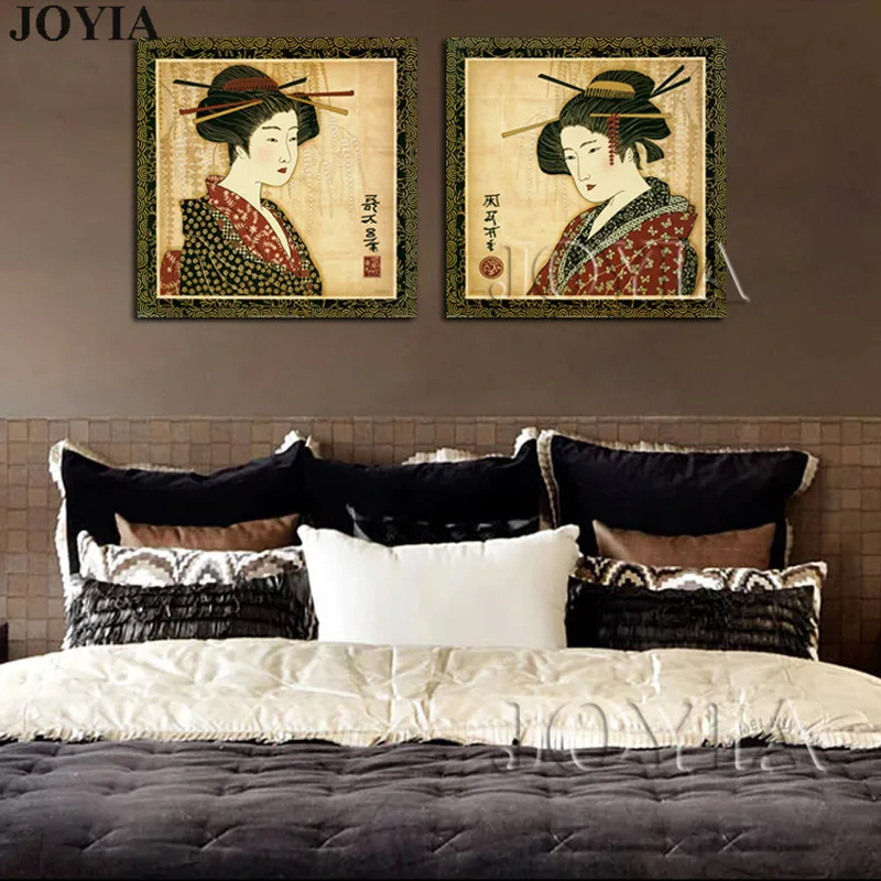 Классическая японская живопись Настенный декор печатает фотографии кимоно женские Арт холст для Декор в гостиную 2 шт./компл. не в рамке