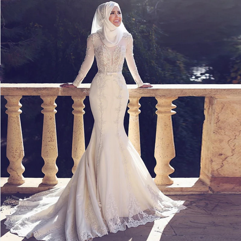 Роскошные русалка хиджаб свадебное платье с поездом 2016 o шеи длинным рукавом аппликации кружева из бисера Свадебные Платья novia