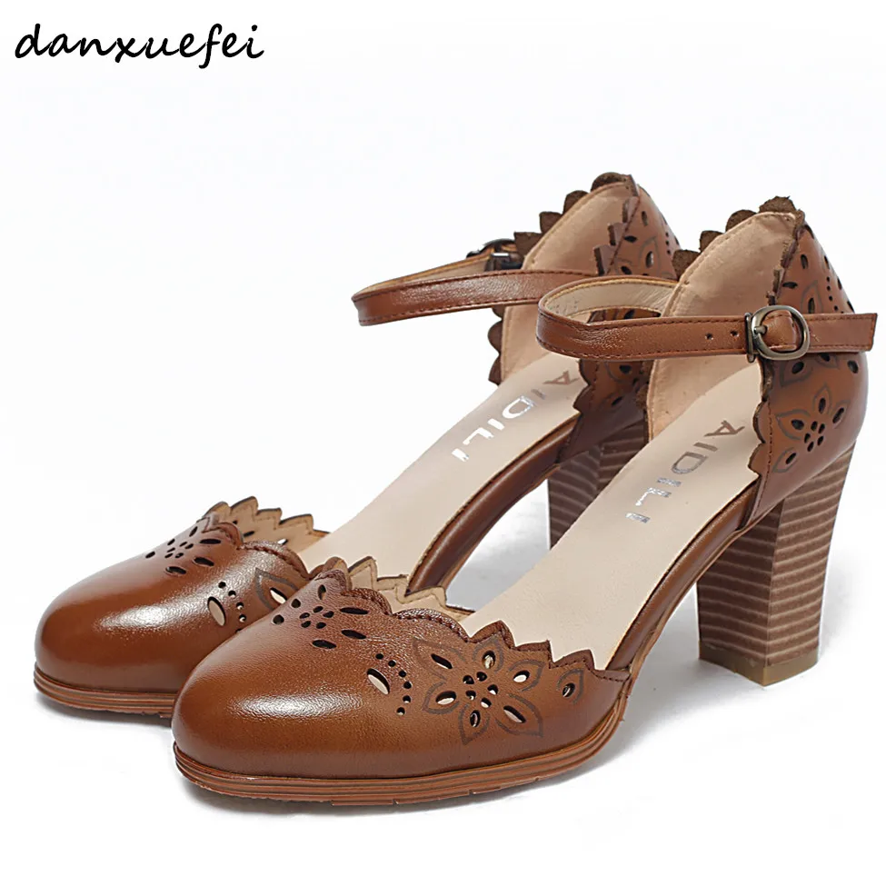 

3 Color Women's Genuine Leather Hollow-out Mary Jane Pumps Brand Design Thick High Heel Elegant Ladies Retro Vintage Heels Shoes