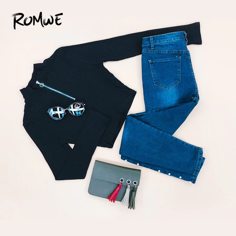ROMWE Ring Zip Up Front Ribbed Crop Tee Black Zipper Stand Collar T Shirt 2018 Fall Plain Long Sleeve Women Top