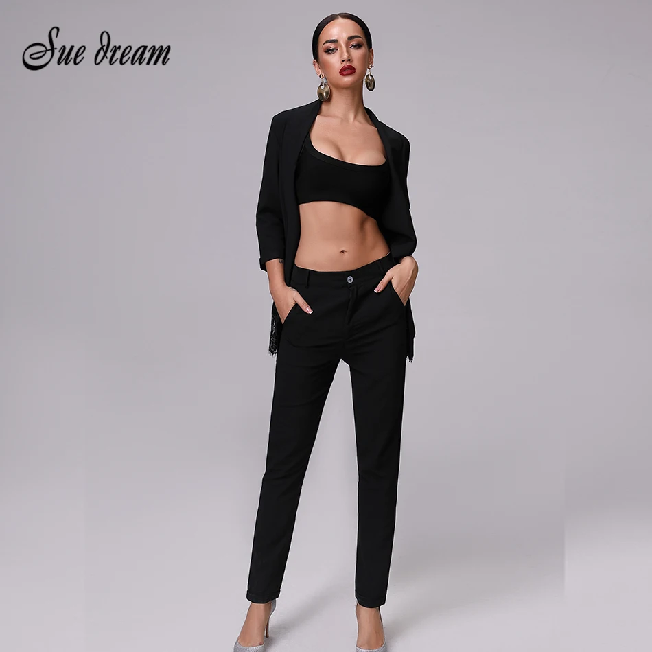 

2019 summer women's fashion sexy three-piece casual black lace cardigan + slim long pants suit fashion club party 3 piece set