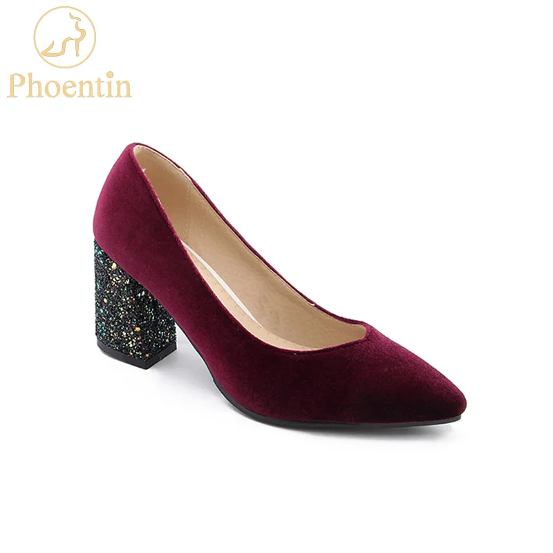 

Wine red slip on ladies shoes 2018 bling heels women's footwear shallow velvet women's high heel shoes pointed Phoentin PH065