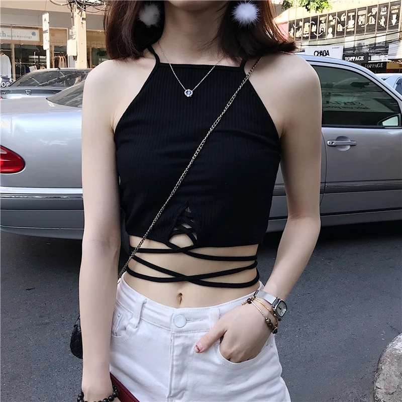 Mihoshop Ulzzang Korean Korea Women Fashion Clothing Summer Casual Sexy Cool Black Bandage Camisole Chic