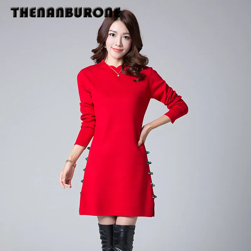 THENANBURONE Winter Dresses High Elastic Slim Button Sweater Knitting Dress Trendy Womens Long Sleeve O-Neck Warm Pullover Femme | Женская