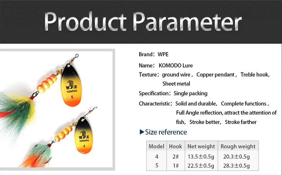 W. P. E KOMODO Спиннер приманка 14 г/22 г 1 шт. жесткая приманка ложка приманка перо тройной крючок металлическая рыболовная приманка кренкбейт приманка для окуня воблеры