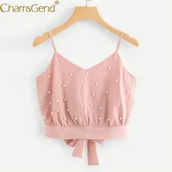 Недавно розовый Майки женские жемчужные бусы V Neck Crop Top твердые рубашки блузка Для женщин летние без рукавов с открытой спиной Свободный