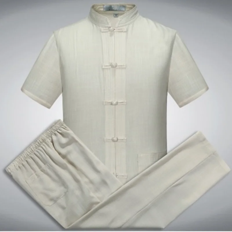 Мужской классический китайский стиль летний костюм с короткими рукавами Тан костюм Тай Чи мужской костюм Кунг-Фу рубашка+ брюки комплект одежды - Цвет: Beige1