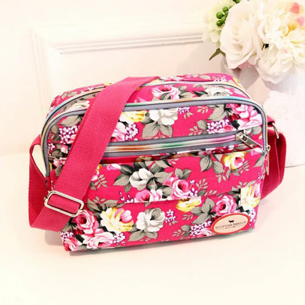 Fashion Women Canva Floral Print Zipper Crossbody Shoulder Messenger