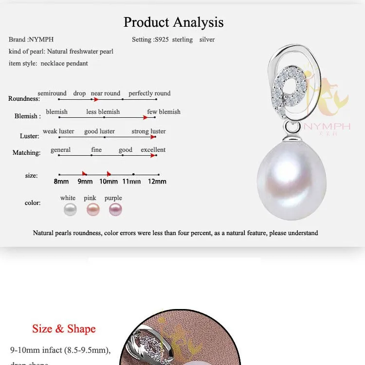 Нимфа Естественные пресноводные жемчужина в форме капли 9-10 мм S925 серебряные ожерелья подвески для женщин D1027