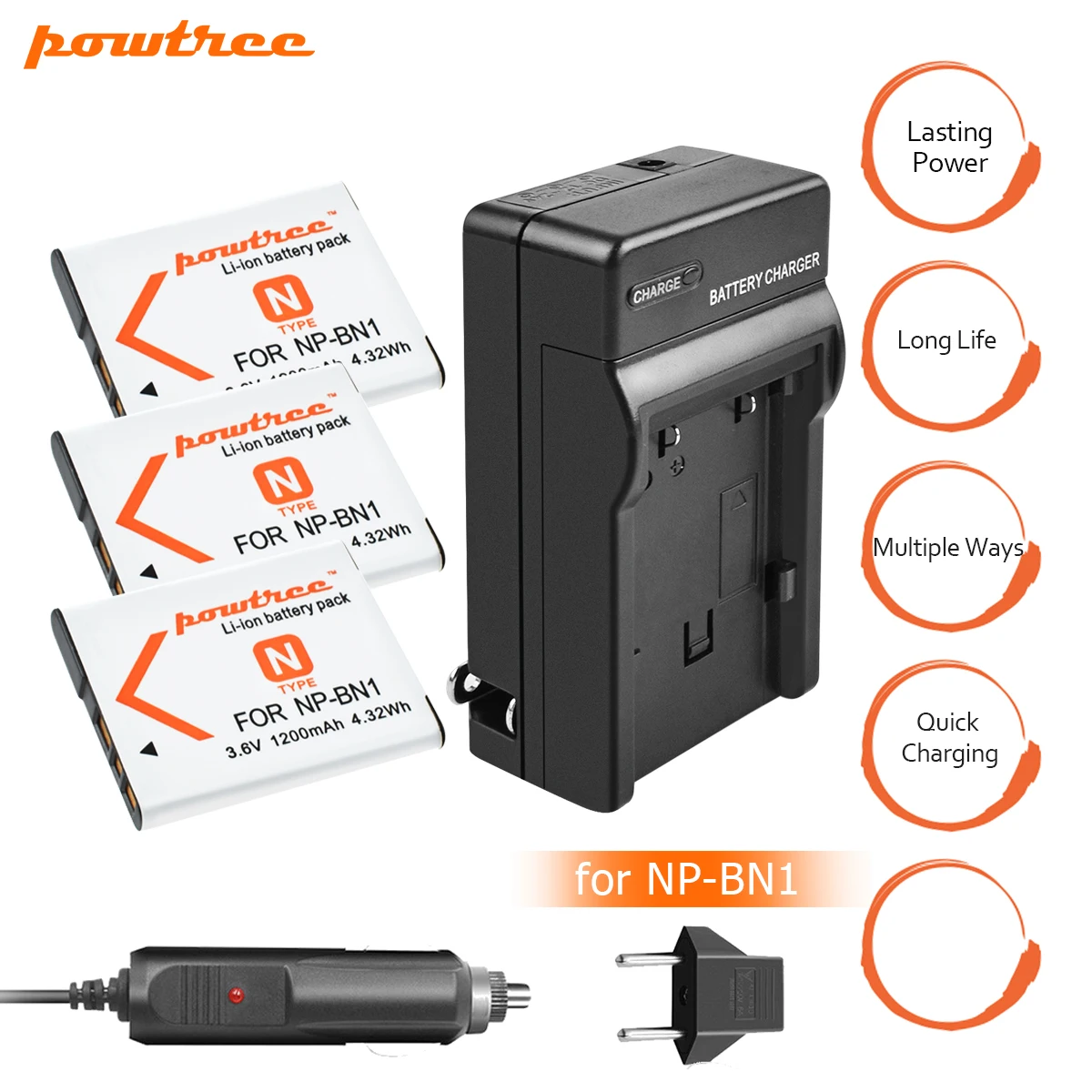 

3PC 1200mAh NP-BN1 NPBN1 BN1 Battery+Battery Charger+Car for SONY DSC TX9 T99 WX5 TX7 W390 W380 W350 W360 QX100 W370 W730 L20