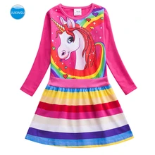 JUXINSU/Хлопковые платья с длинными рукавами для маленьких девочек платье с единорогом осенне-зимняя одежда для девочек с изображением радуги и пони от 1 до 7 лет