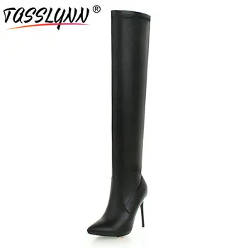 

TASSLYNN 2018 Women Boots Sexy Zipper Thin High Heels Over The Knee Boots Elegant Pointed Toe PU Black Women Shoes Size 34-43