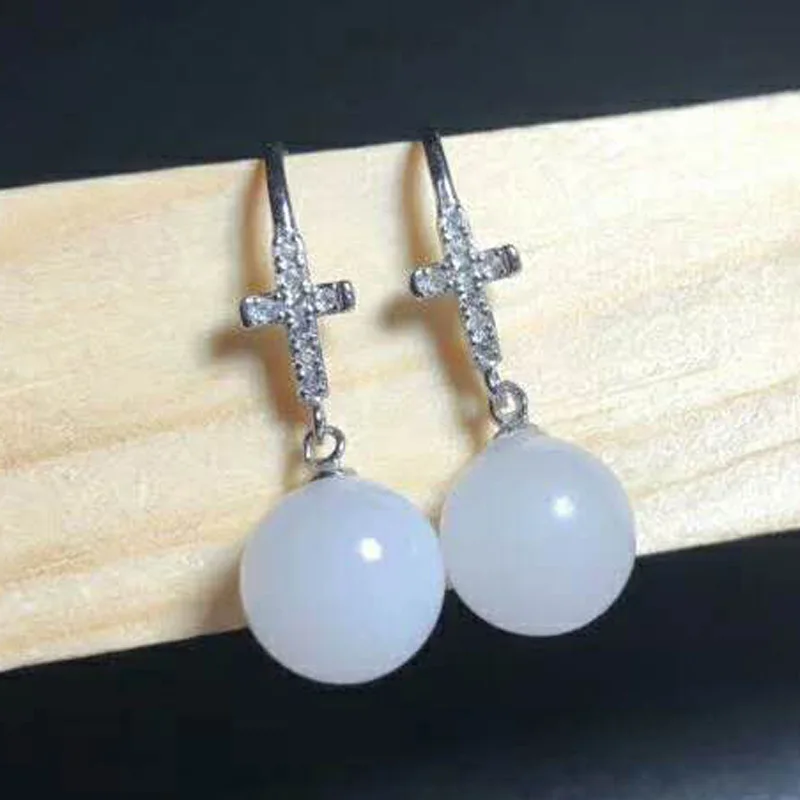 

Drop Shipping Real 925 Sterling Silver Cross Drop Earrings Ear Pin Natural Round Jade Handmade For Women Wedding Earrings