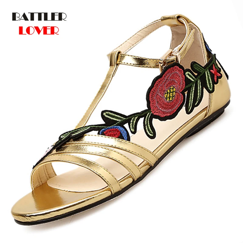 2019 Women Flat Sandals Gold Sexy Sandals Ladies Embroiderry Low Flat Heel Flip Flops Beach Sandals Shoes Female zapatos mujer