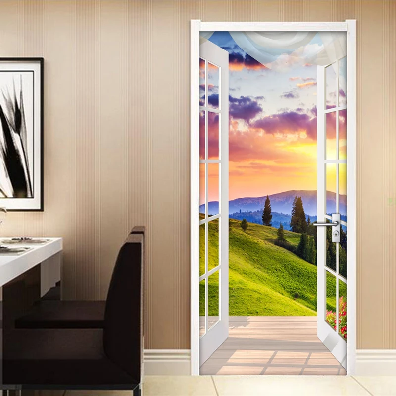 3D Window Landscape Photo Wallpaper Mural Door Sticker Wall Decals PVC Vinyl Waterproof Self-adhesive Door Wallpaper Living Room 2 meters cabinet door window self adhesive epdm rubber foam semicircular crashproof weatherstrip and flat sealing strip