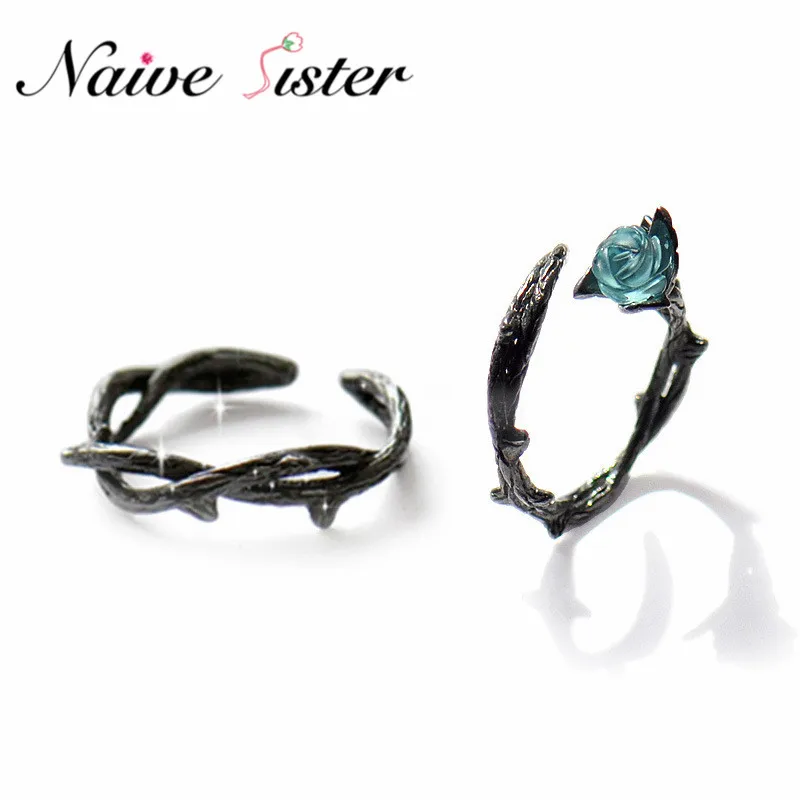 Genuine 925 Sterling Silver Adjustable Ring Fashion Black Rose Flower Couple Rings For Women Men Crystal Wedding Jewelry Anel