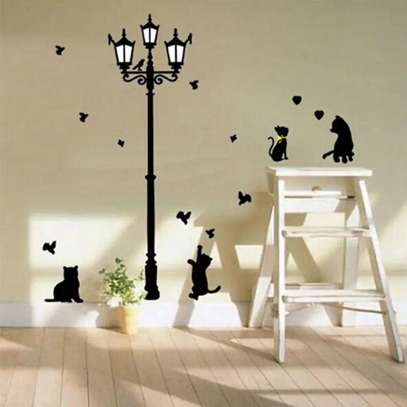 Adhesivo De Gato Para Pared Lampara Y Mariposas Pegatinas Para