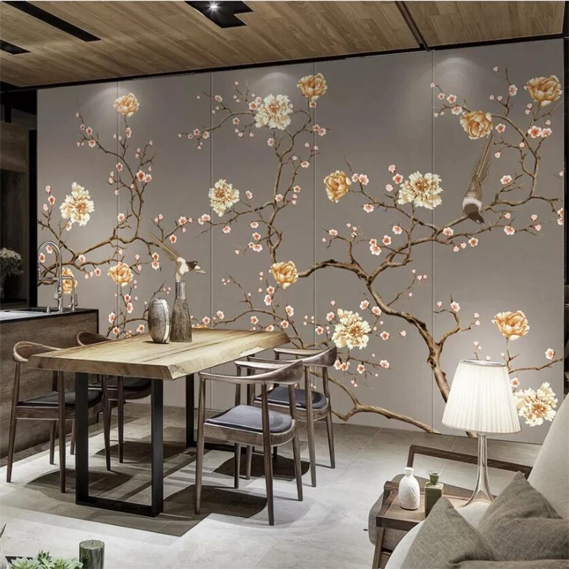 

wellyu Custom wallpaper 3D mural hand-painted flowers and birds art high-end TV background wall painting 3d papel de parede обои