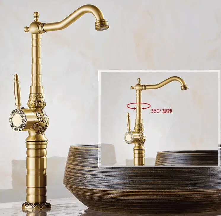 Высококачественный роскошный античный бронзовый кран для воды Медный резьба на бортике смеситель для ванной комнаты Высокий кран для раковины Смеситель