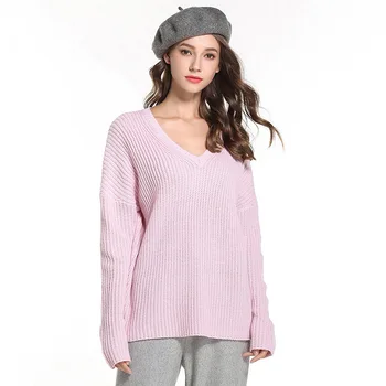 

Fall Winter V Neck Drop Shoulder High Low Sweater for Women Cute Ladies Pink Asymmetrical Pullover Jumper Plus Size S-2XL