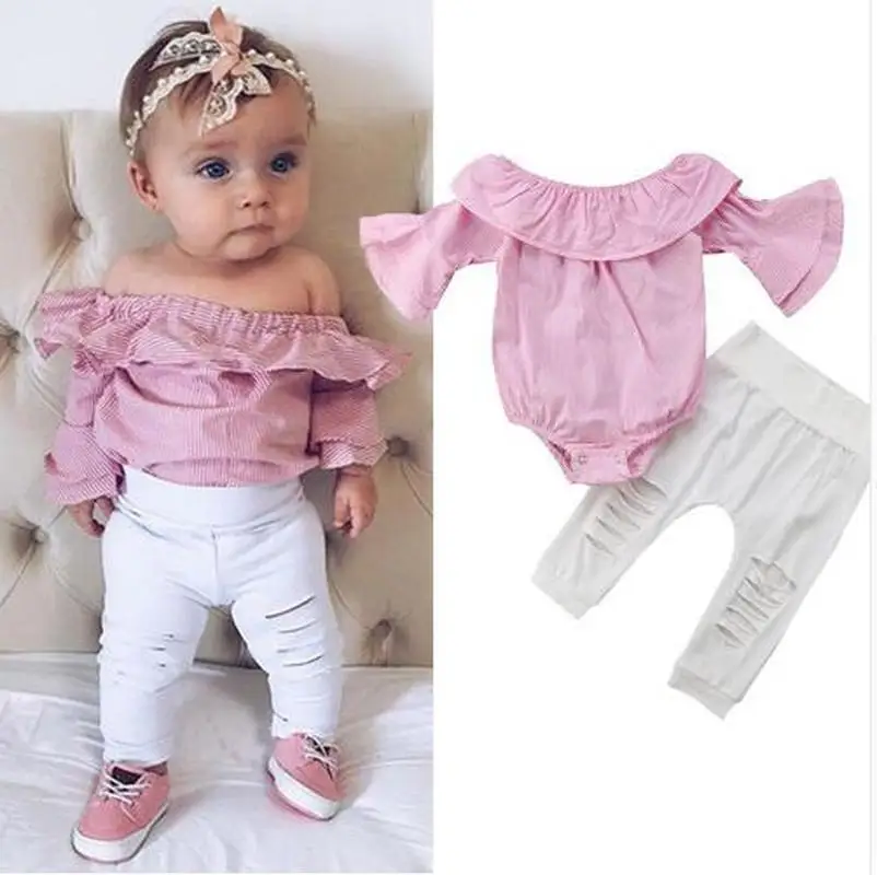 

Toddler Infant Overalls Baby Girl Clothes Striped Tops Romper Ripped Pants Outfits Clothes Set Roupas Infantis Newborn Romper