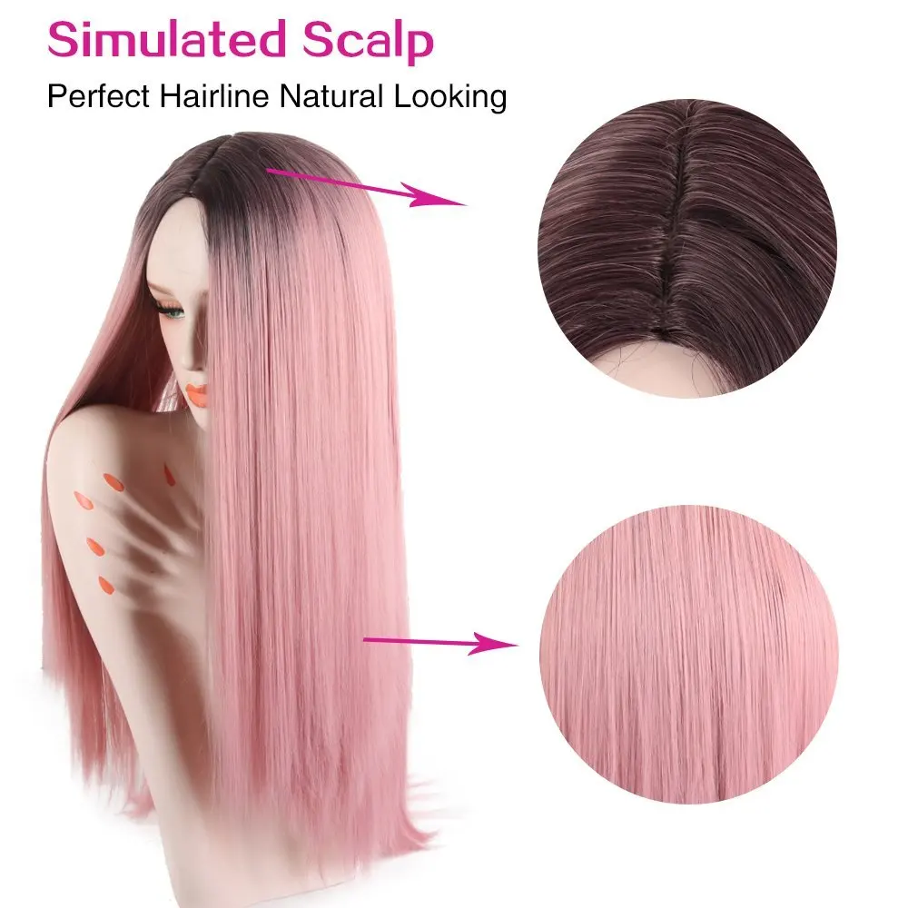Deyngs 30inch Long Straight Ombre Light Pink Synthetic Wigs for BlackWhite Women Middle Part Wigs Dark Roots Heat Resistant Wig (2)