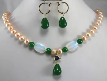 

Hot sell free shipping ~~ beautiful lady's 8mm yellow shell pearl mixed moonstone necklace match green earrings sets for va