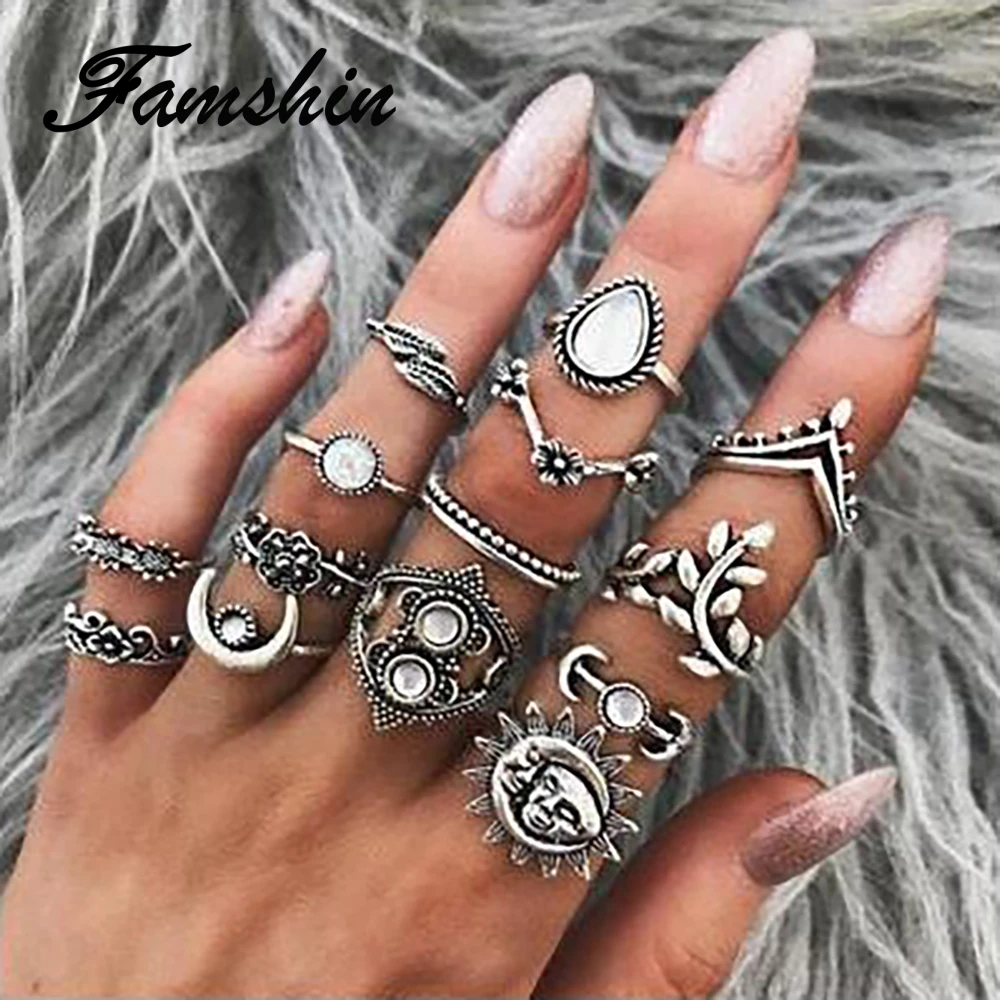 

FAMSHIN 14PCS/Set Boho Vintage Flower Leaf Moon Knuckle Midi Ring Sets For Woman Rings Bohemia Stone Fashion Statement Jewelry