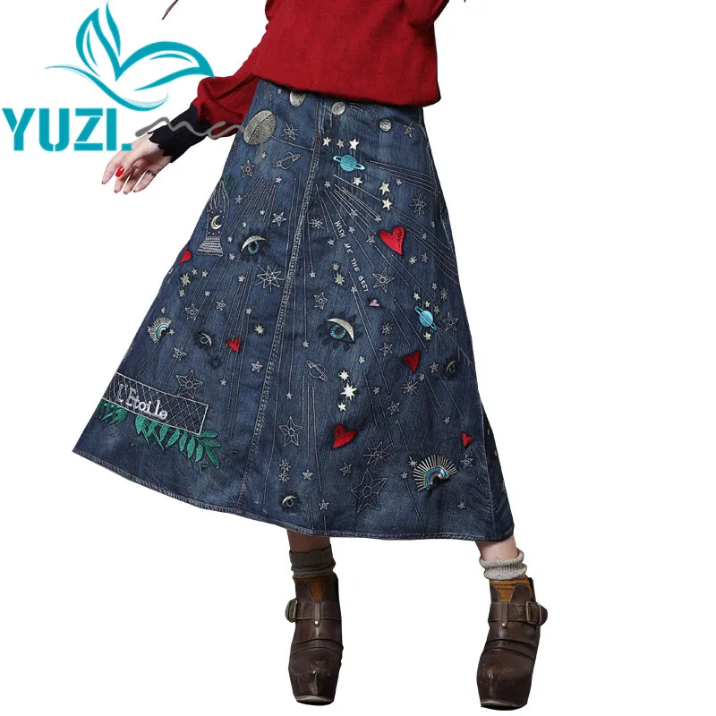 

Skirts Womens 2018 Yuzi.may Boho New Autumn Denim Skirt A-line Vintage Embroidery Long Blue Saias Femininas X2223 Saia