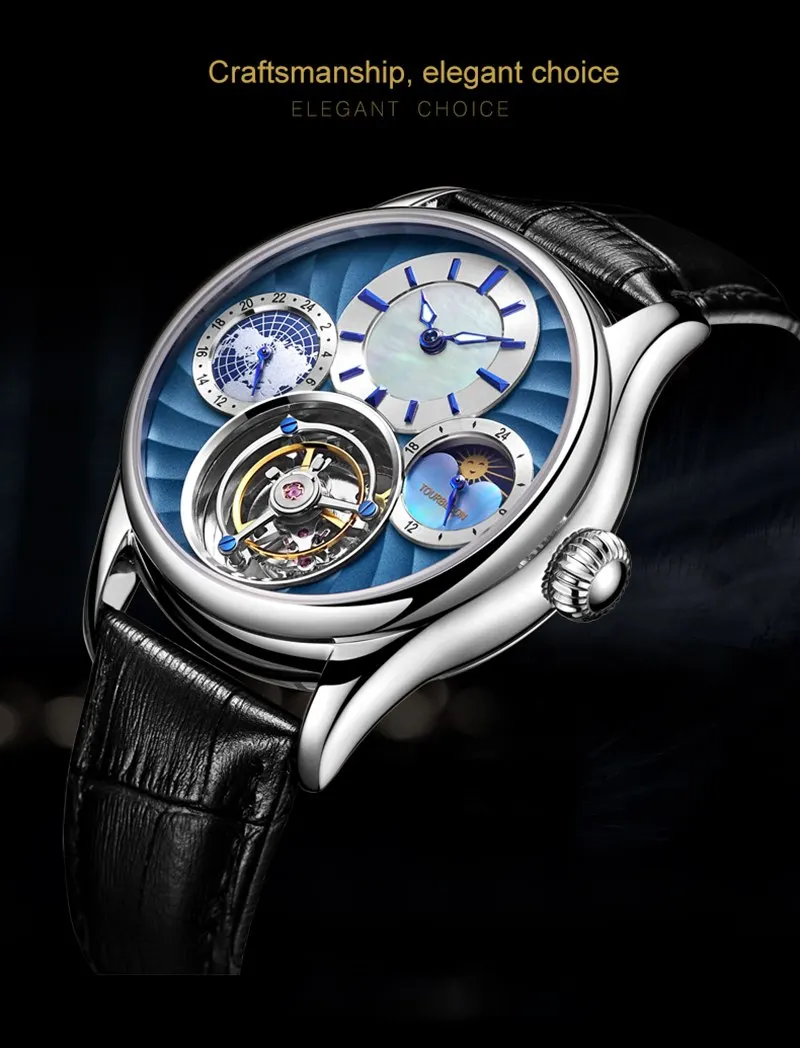 Золотые оригинальные настоящие Tourbillon Мужские механические часы светящиеся указатели мужские чайки Tourbillon часы Moonphase reloj dorado