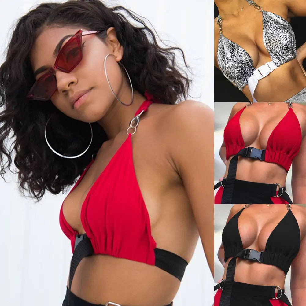 

2018 Summer Fashion Sexy Women Halter Backless Front Buckle Bralette Bralet Bra Bustier Crop Tops Clubwear Unpadded Bras