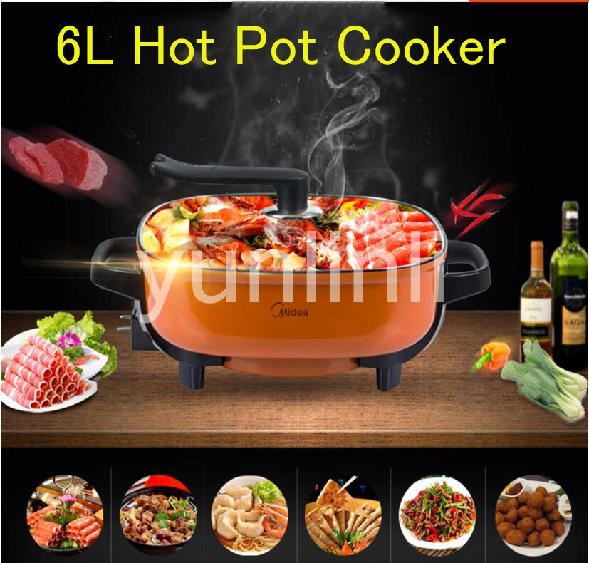 6L Electric Hot Pot Cooker Household Hot Pot Maker Hot Pot Mulitifunction Kitchen Cooker Non-stick & Adjustable Temperature